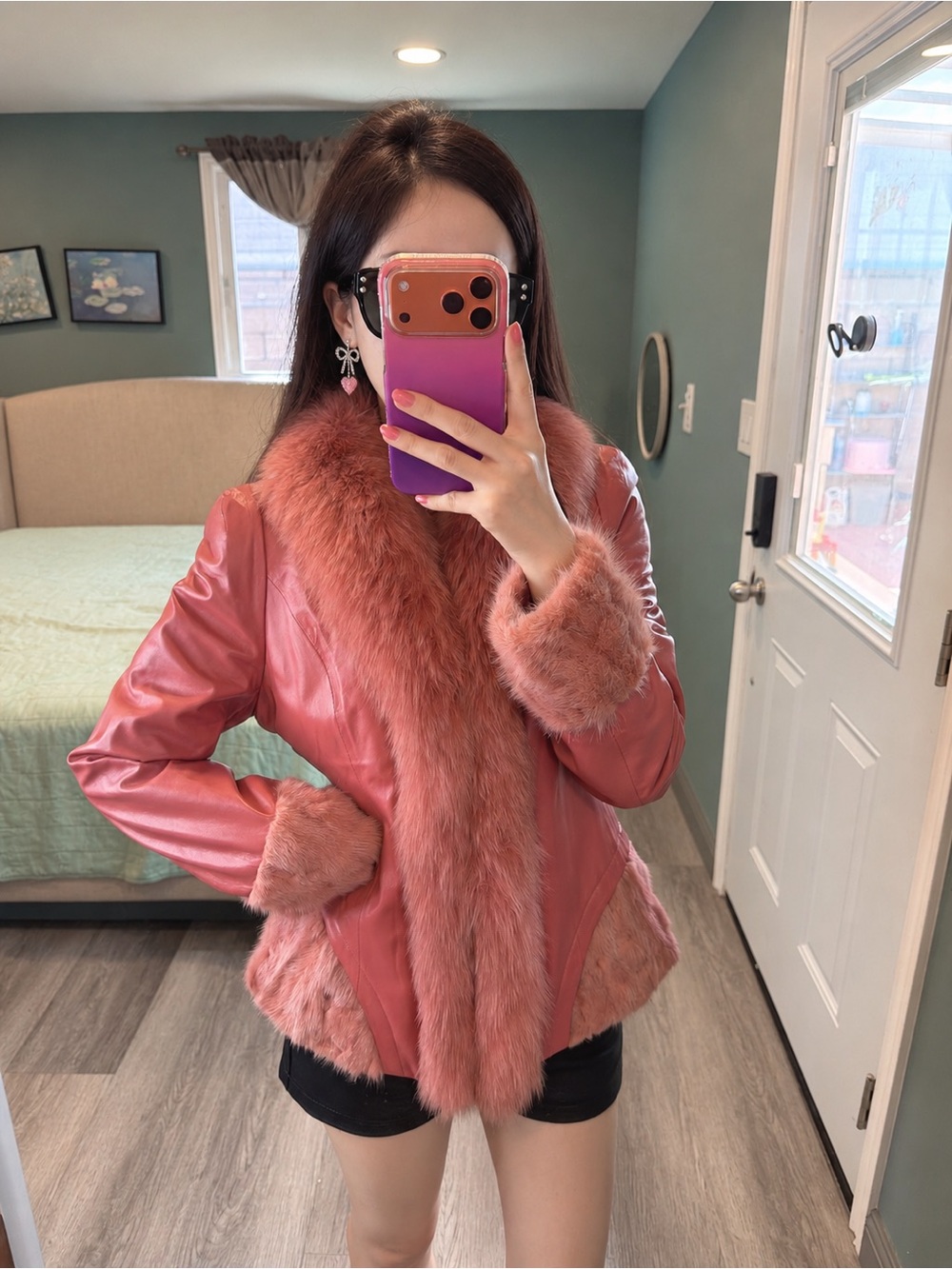 Vintage Pink Lambskin Leather Fox Fur Mink Trim Fitted Jacket Y2K S/M